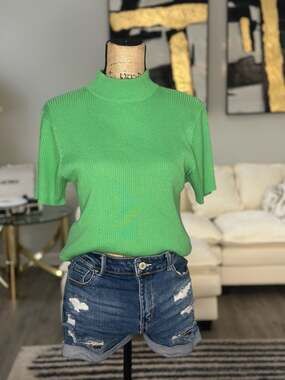 Studio Works Green Ribbed Mock Neck Short Sleeve Sweater